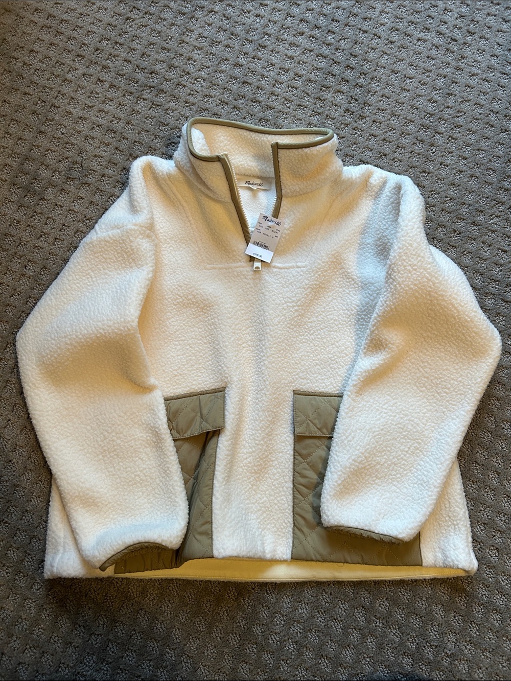 Madewell Cream Sherpa Pullover with Olive Trim